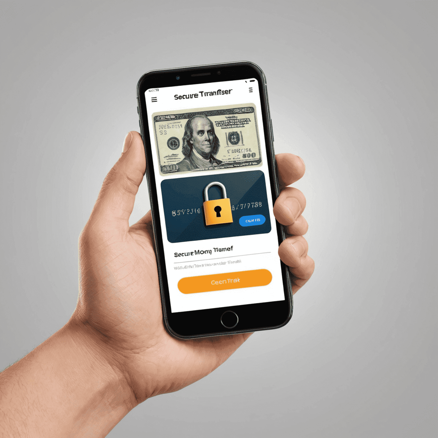 Illustration of a secure online money transfer, with a lock icon and a hand holding a smartphone