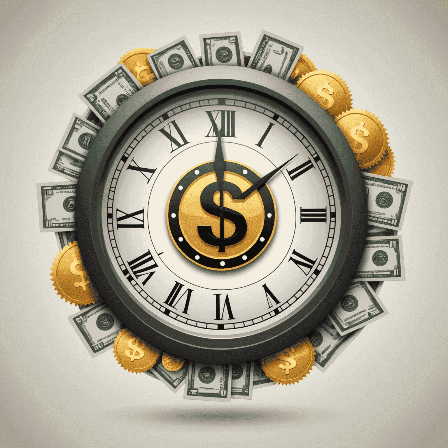 Illustration of a fast and easy online money transfer, with a clock icon and money symbols