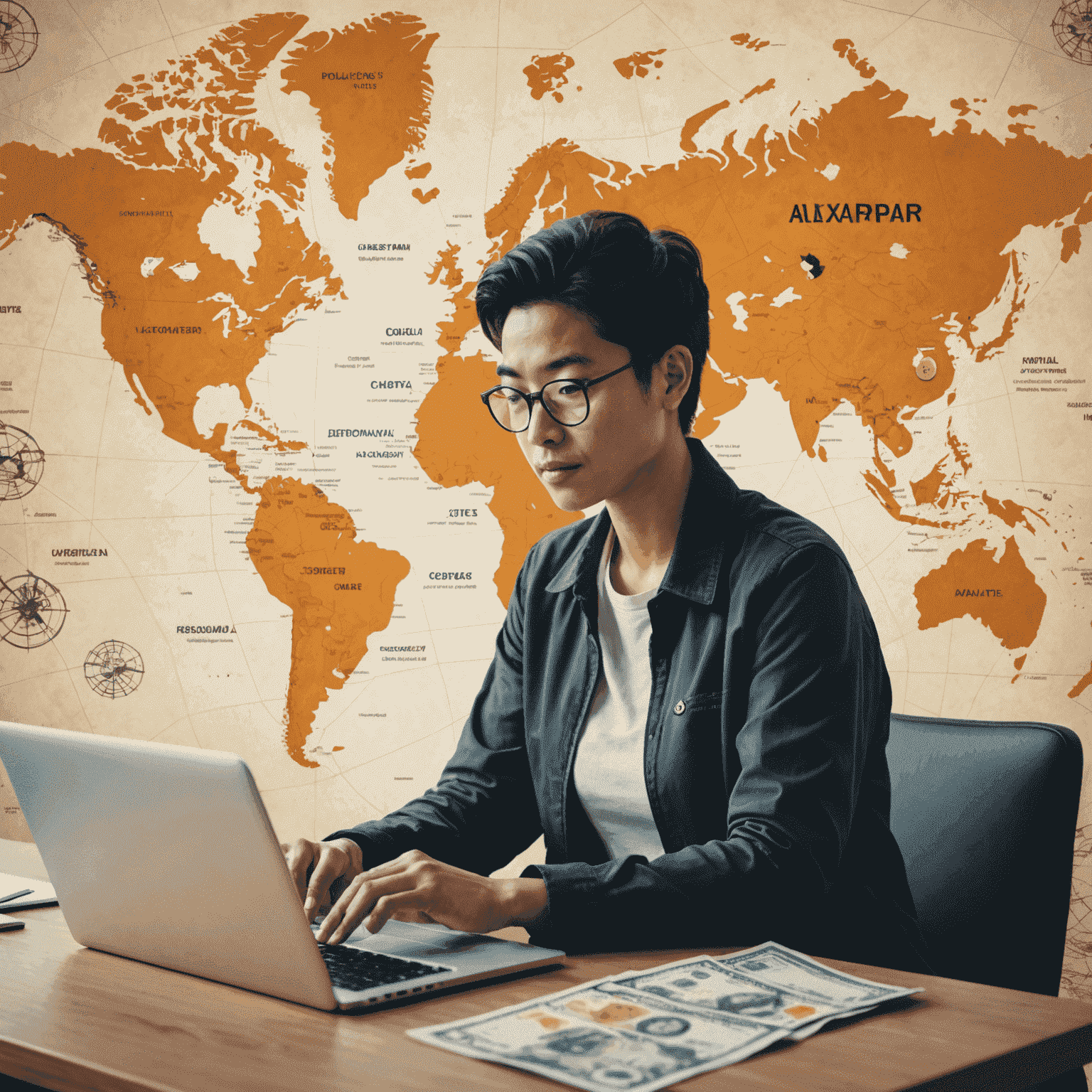 Illustration of a person using Altaxipr's online platform to send money internationally, with a world map and currency symbols in the background